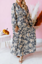 Sky blue plus size floral print maxi dress with split neckline, shirred waist, long sleeves, and high waist from Dear-Lover.