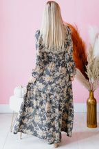 Sky blue plus size floral print maxi dress with split neckline, shirred waist, long sleeves, and high waist from Dear-Lover.