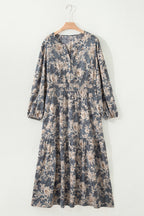 Sky blue plus size floral print maxi dress with split neck, shirred high waist, and long sleeves, by Dear-Lover.