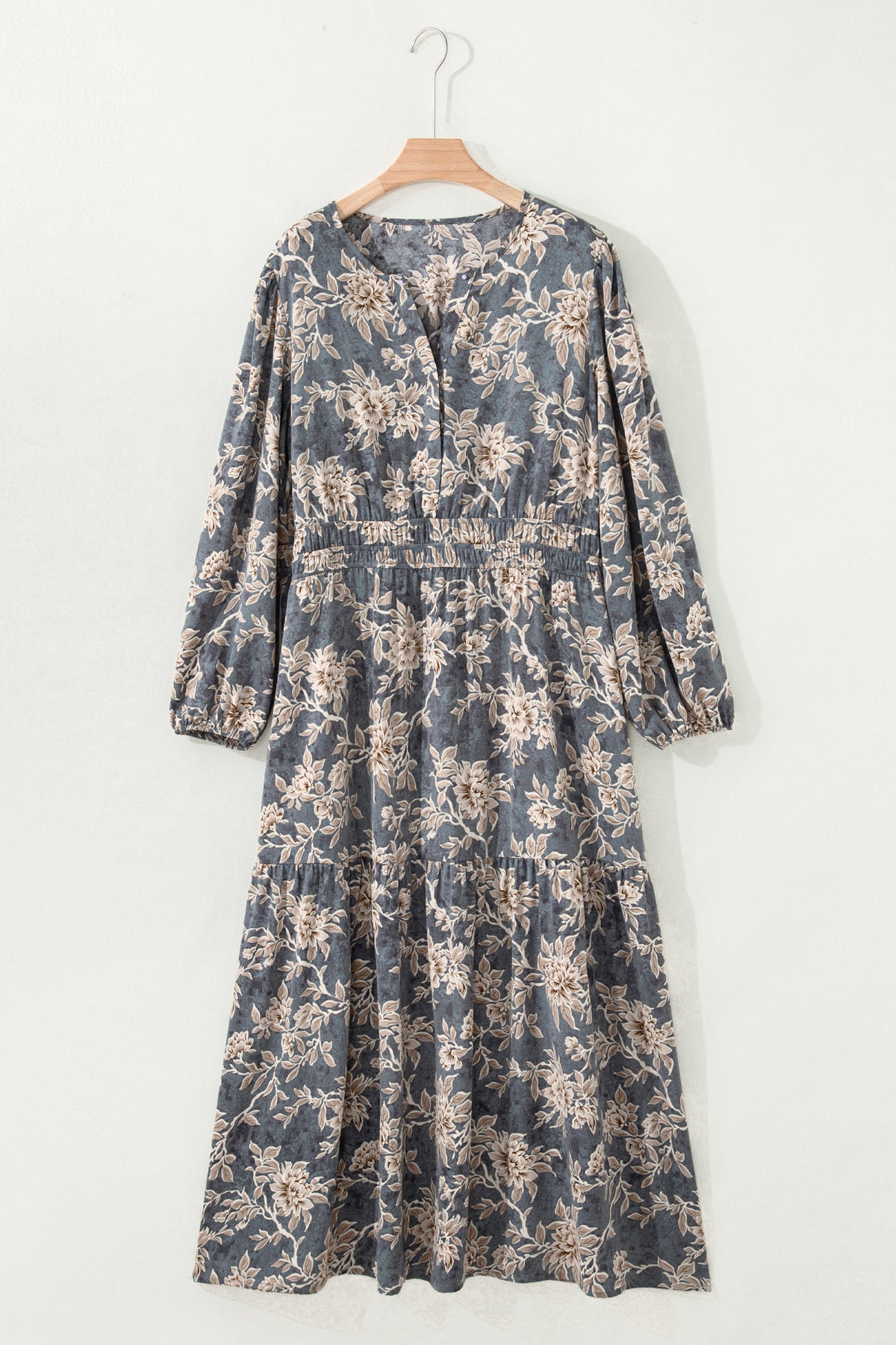 Sky blue plus size floral print maxi dress with split neck, shirred high waist, and long sleeves, by Dear-Lover.