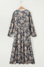 Sky blue plus size floral print maxi dress with split neck, shirred waist, long sleeves, and high waist from Dear-Lover.