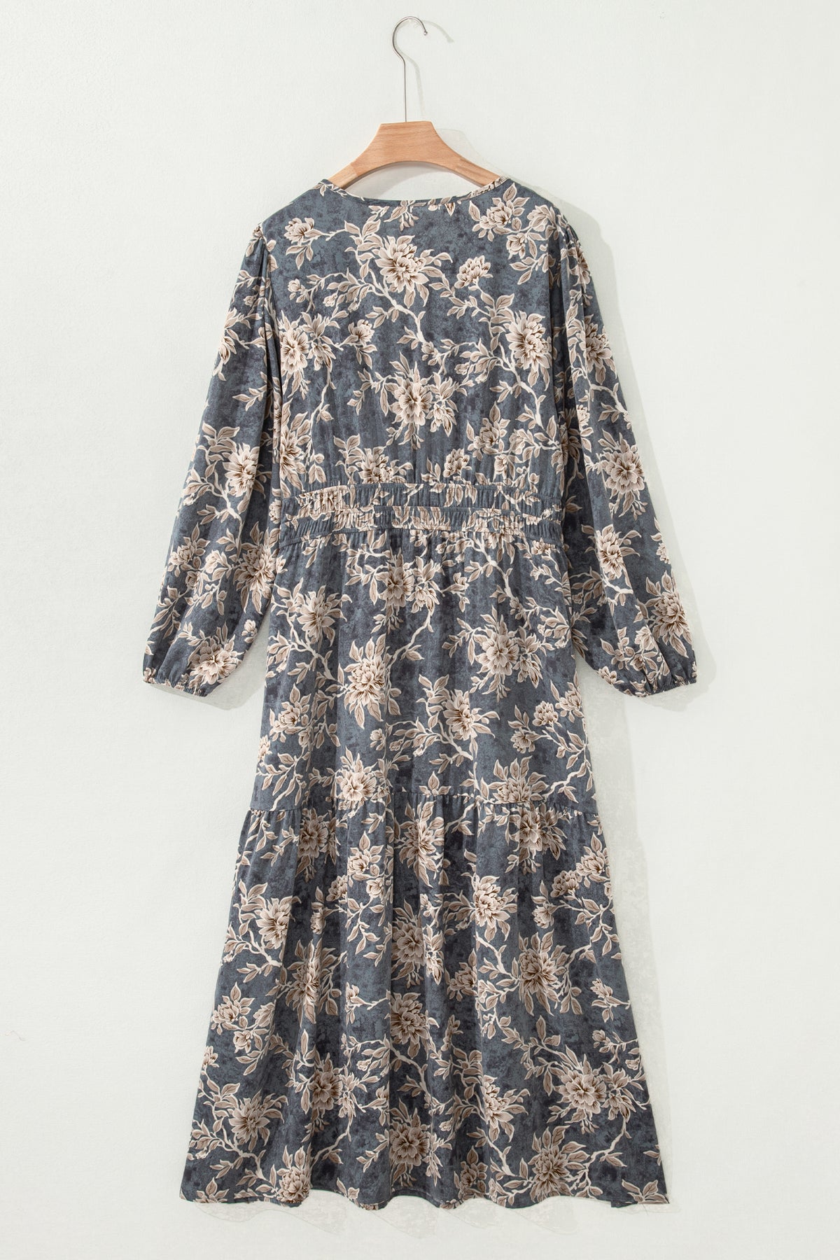 Sky blue plus size floral print maxi dress with split neck, shirred waist, long sleeves, and high waist from Dear-Lover.