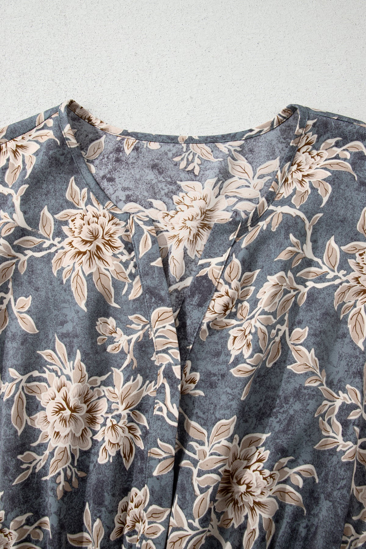 Sky blue plus size floral print maxi dress with split neck, shirred waist, long sleeves, and high waist from Dear-Lover.