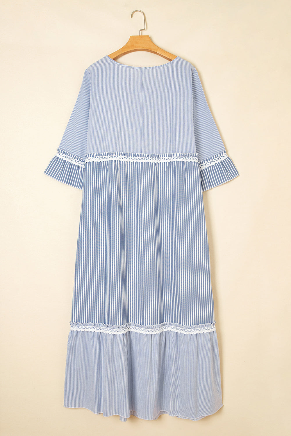 Sky blue striped plus size maxi dress with crisscross lace details and mixed patchwork, made of polyester and cotton from Dear-Lover.