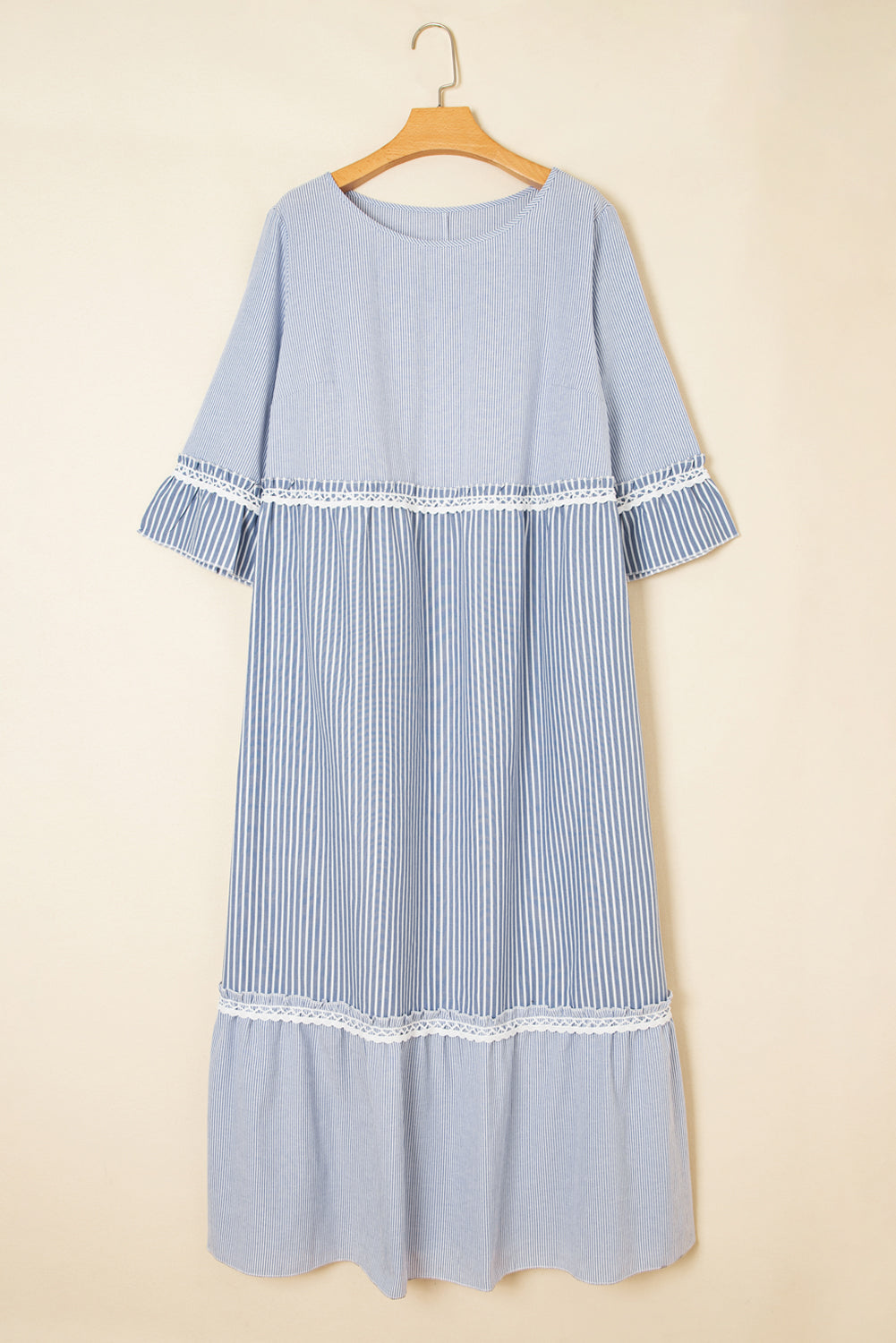 Sky blue plus size maxi dress with mixed stripes, crisscross lace details, and patchwork design from Dear-Lover.