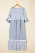 Sky blue plus size maxi dress with mixed stripes, crisscross lace details, and patchwork design from Dear-Lover.