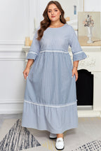 Sky blue stripe plus size maxi dress with crisscross lace details and mixed striped patchwork, featuring a shift silhouette and long length.