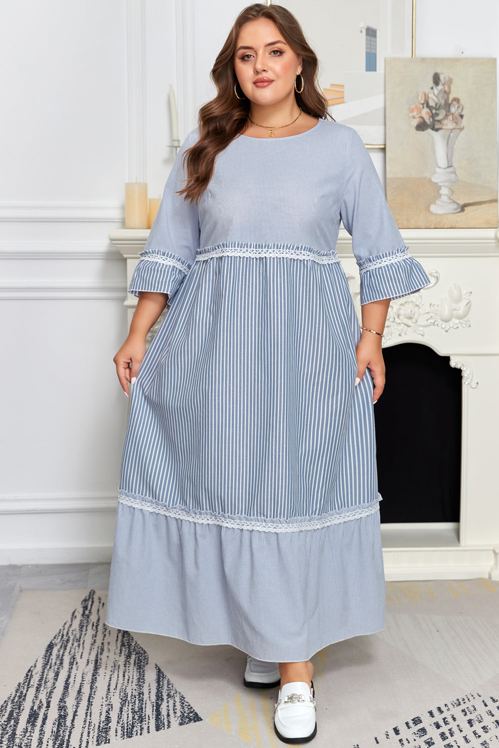 Sky blue stripe plus size maxi dress with crisscross lace details and mixed striped patchwork, featuring a shift silhouette and long length.