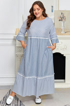 Sky blue stripe plus size maxi dress with crisscross lace details and patchwork design, casual long dress by Dear-Lover.