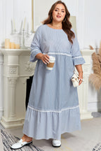 Sky blue striped plus size maxi dress with crisscross lace details and patchwork design, made of polyester and cotton.