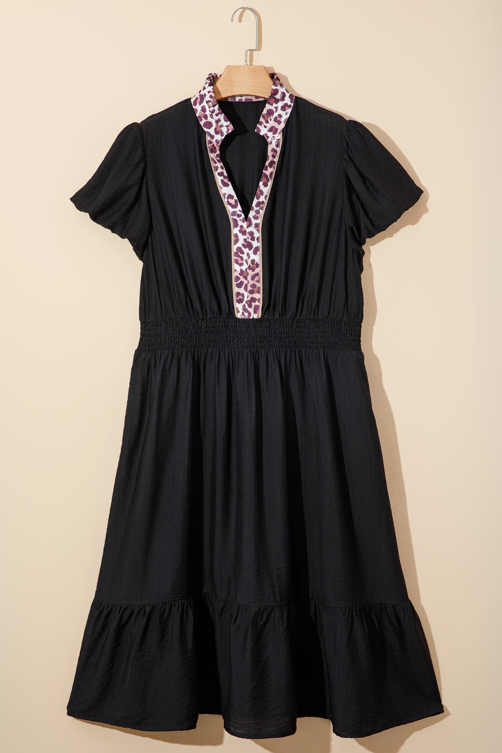 Plus size black leopard V-neck patchwork smocked waist midi dress with ruffles by Dear-Lover, stylish and comfortable for plus size wear