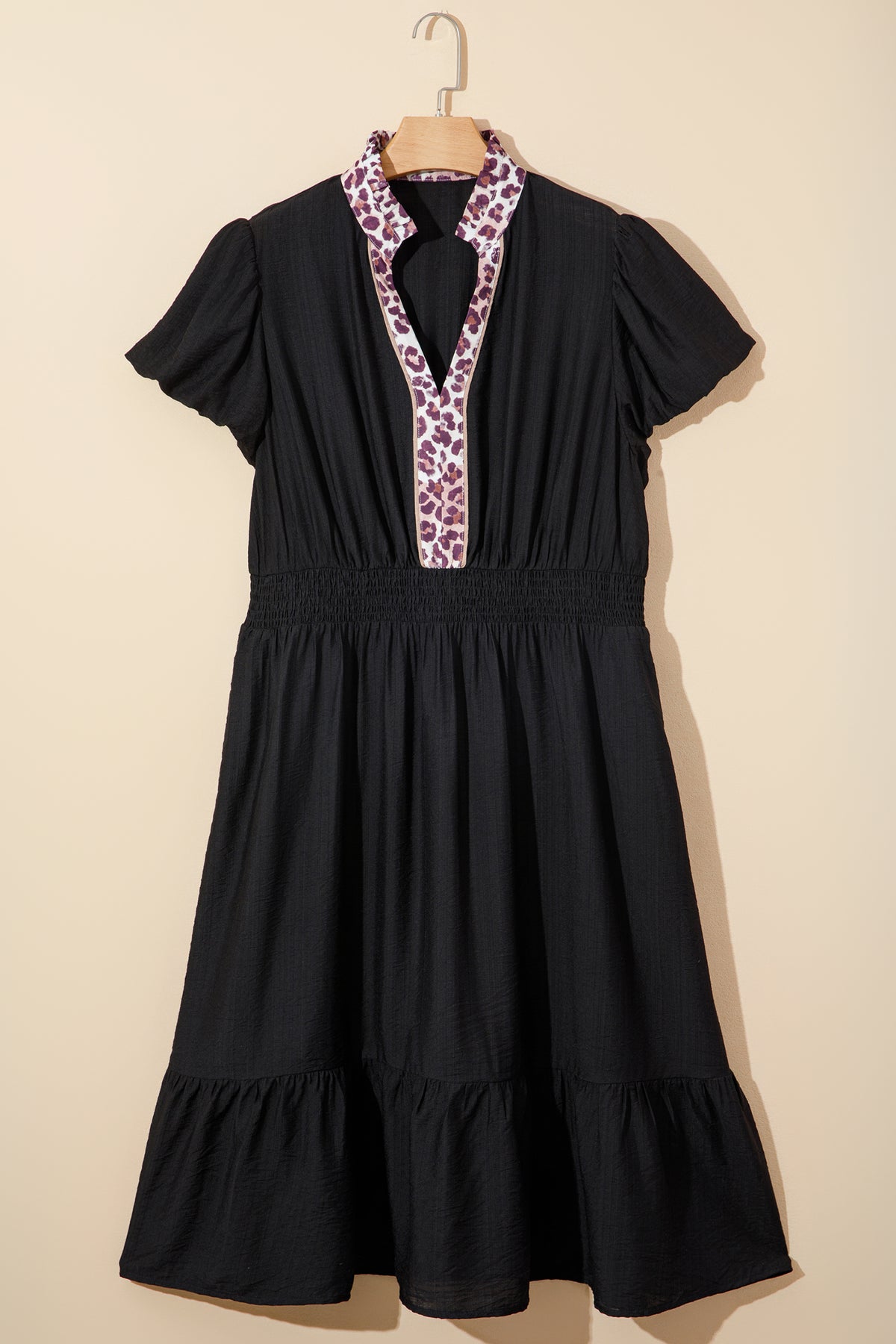 Plus size black leopard V-neck patchwork smocked waist midi dress with ruffles by Dear-Lover, stylish and comfortable for plus size wear