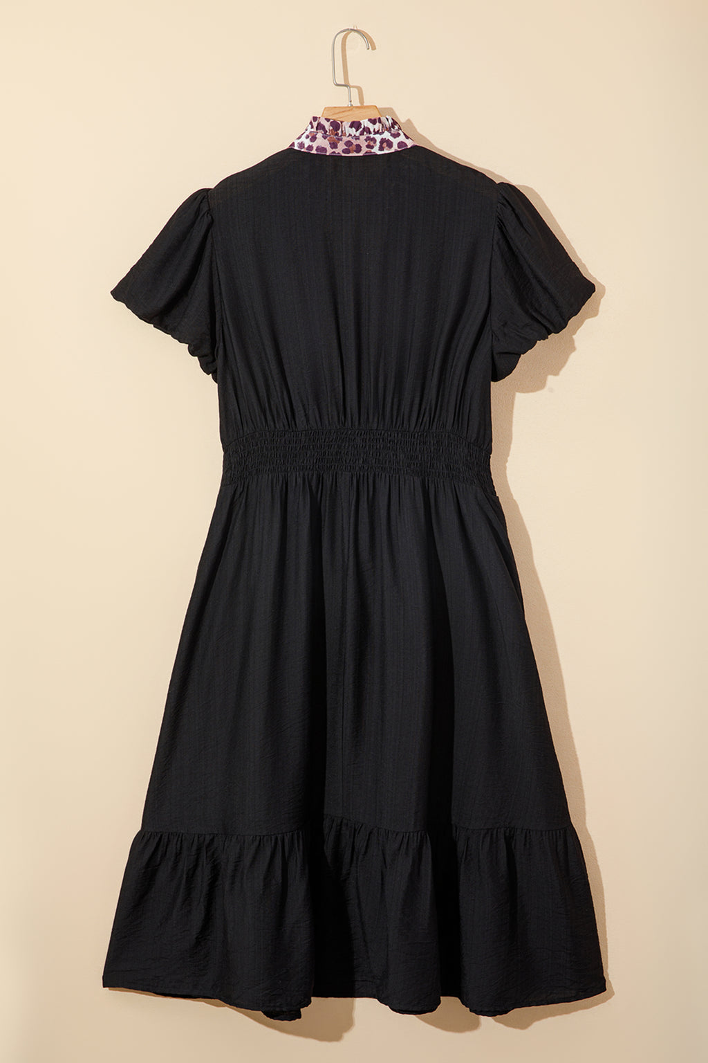 Black leopard print plus size midi dress with V-neck, patchwork design, smocked waist, and ruffled hem by Dear-Lover.