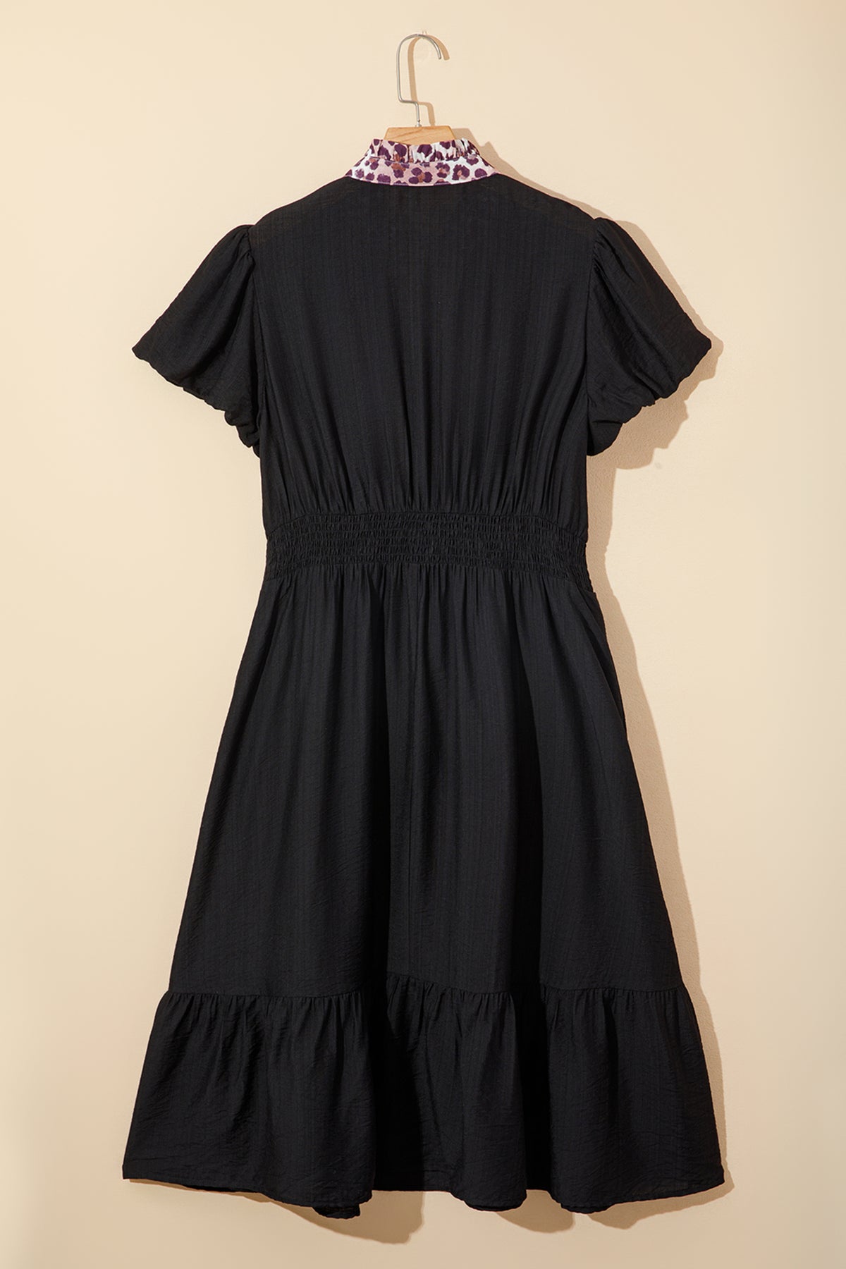 Black leopard print plus size midi dress with V-neck, patchwork design, smocked waist, and ruffled hem by Dear-Lover.