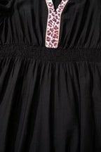 Black leopard print plus size midi dress with V-neck, patchwork design, smocked waist, and ruffled hem by Dear-Lover.