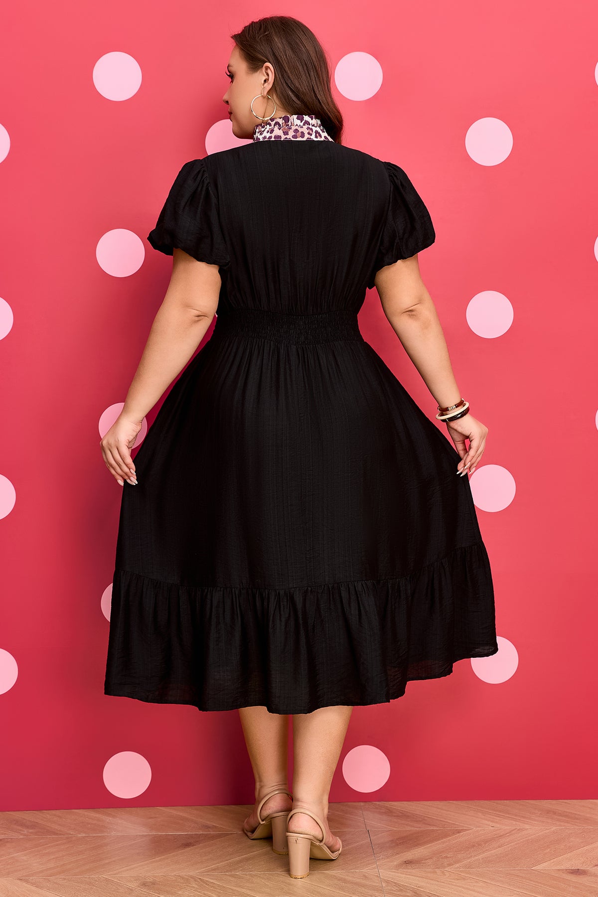 Black leopard print plus size midi dress with V-neck, patchwork design, smocked waist, and ruffled hem by Dear-Lover.