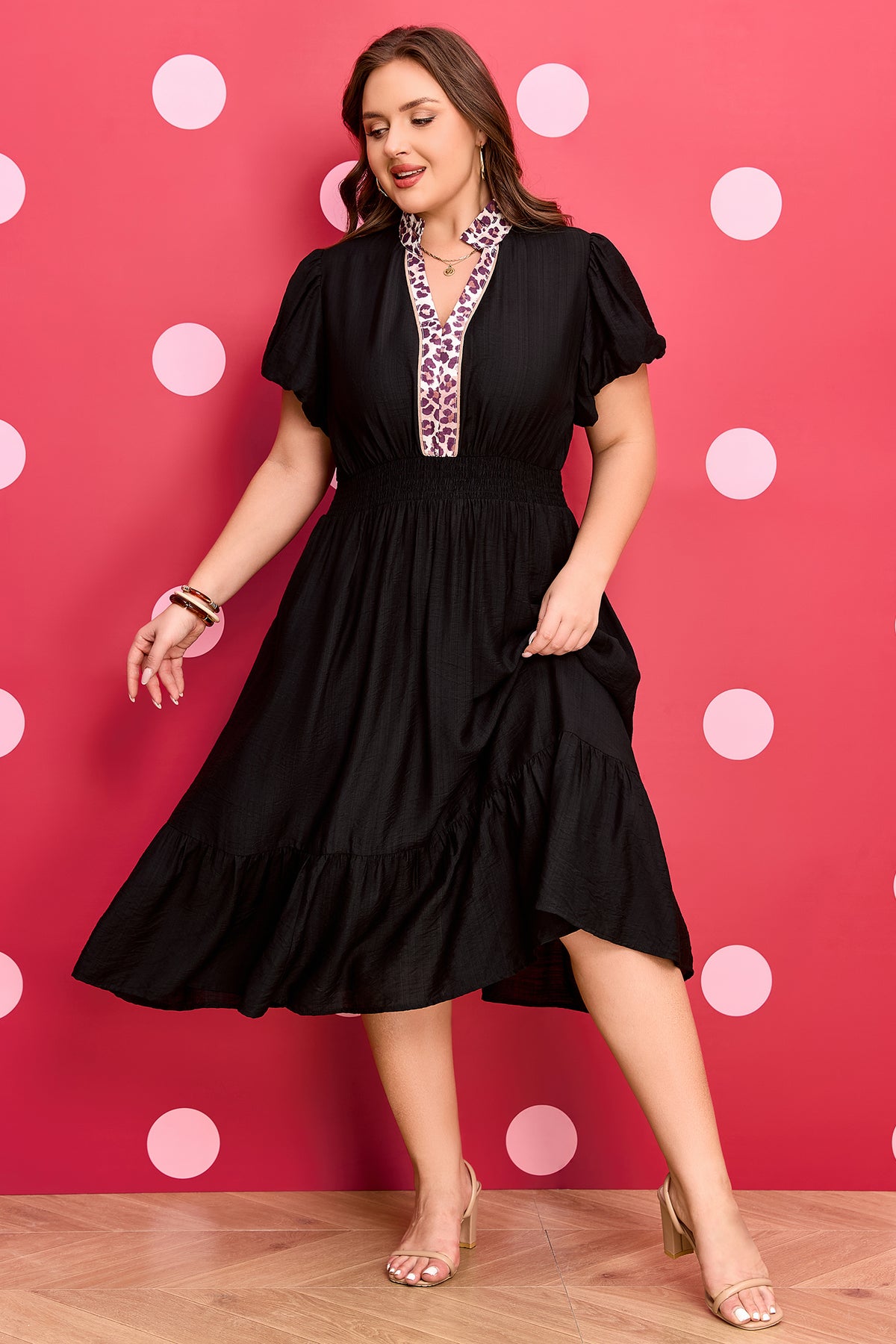 Black leopard print plus size midi dress with V-neck, patchwork design, smocked waist, and ruffled hem by Dear-Lover.