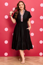 Plus size black leopard print V-neck patchwork ruffled dress with smocked waist from Dear-Lover, midi length and stylish design.