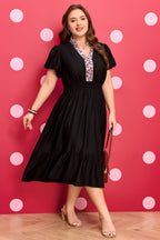 Plus size black leopard V-neck patchwork smocked waist midi dress with ruffles from Dear-Lover, featuring a stylish and comfortable design.