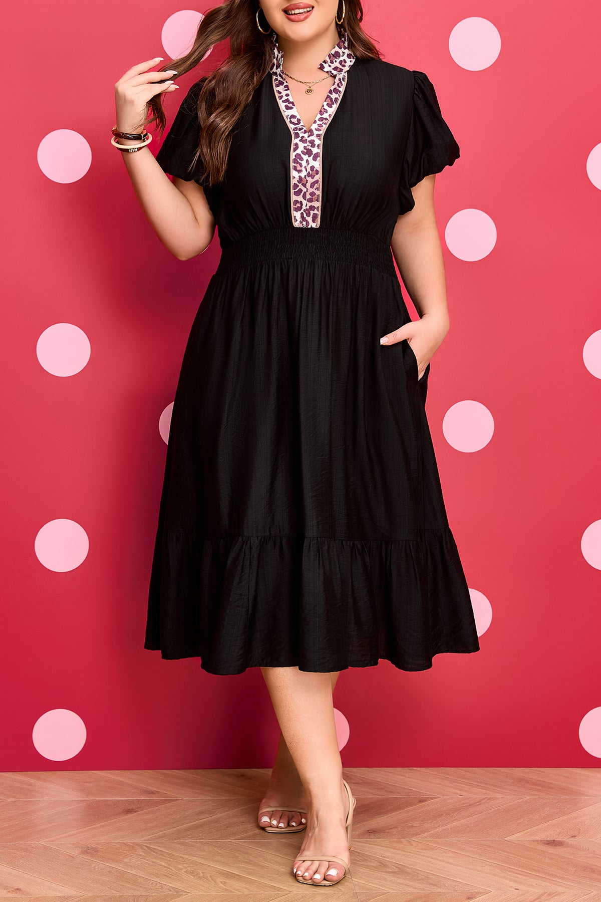 Black leopard print plus size midi dress with V-neck, patchwork design, smocked waist, and ruffled hem by Dear-Lover.