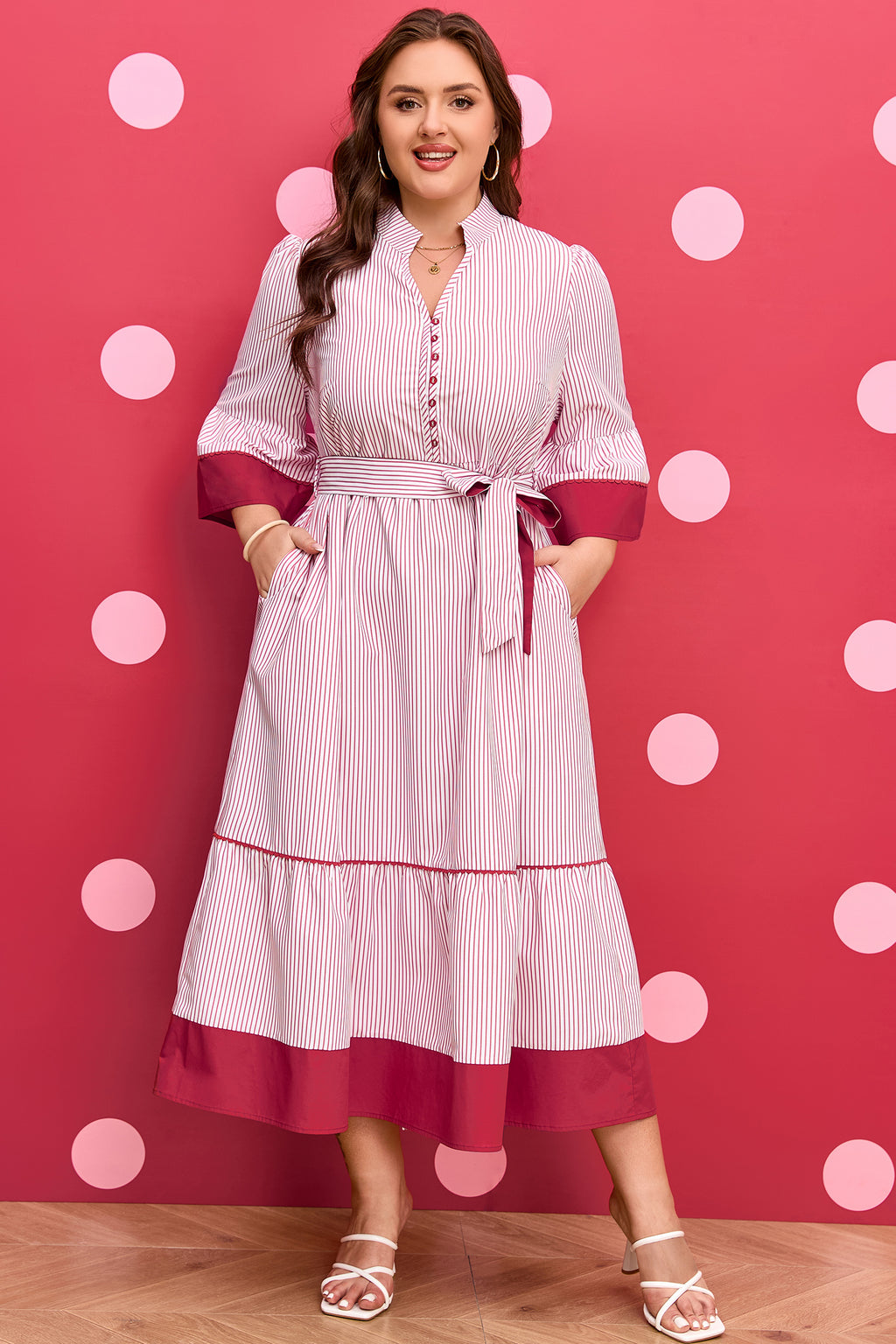 Red stripe plus size midi dress with ruffled hem from Dear-Lover, featuring pinstripes and a flowy, comfortable fit.