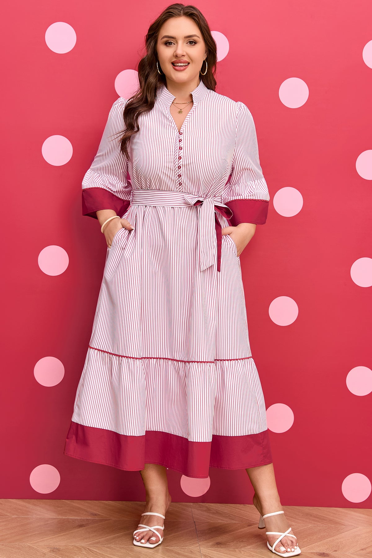 Red stripe plus size midi dress with ruffled hem from Dear-Lover, featuring pinstripes and a flowy, comfortable fit.