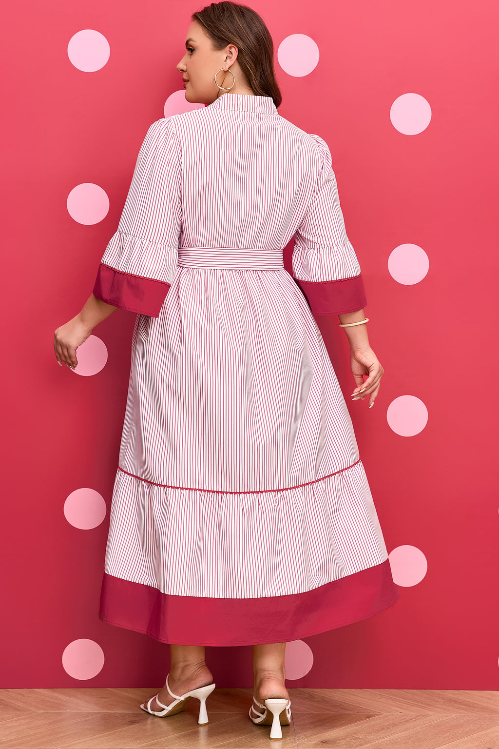 Red stripe plus size midi dress with ruffled hem and pinstripe pattern by Dear-Lover, made of polyester fabric.
