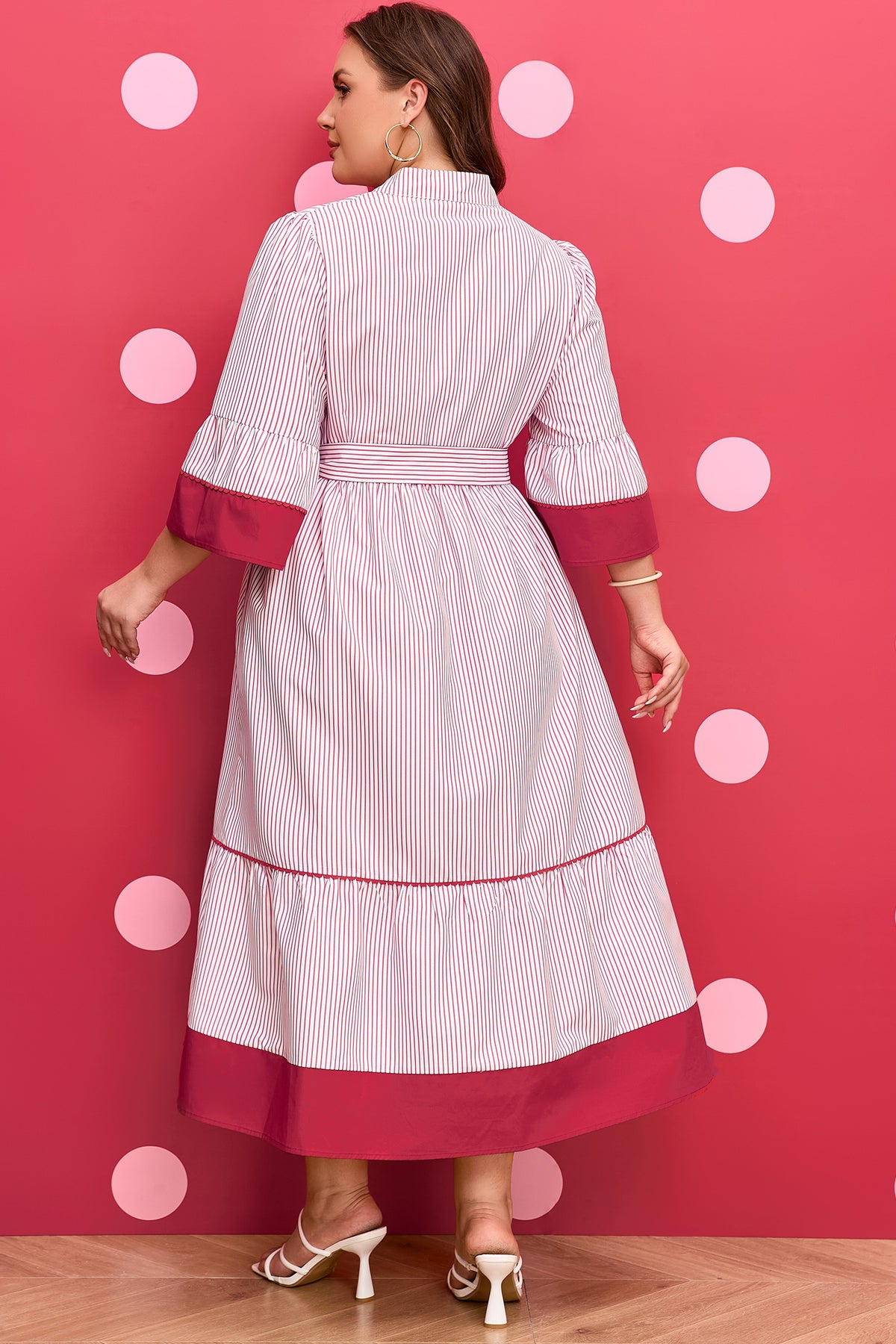 Red stripe plus size midi dress with ruffled hem and pinstripe pattern by Dear-Lover, made of polyester fabric.