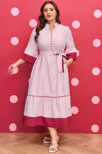 Red stripe plus size midi dress with ruffled hem and pinstripe pattern, made of polyester, by Dear-Lover.