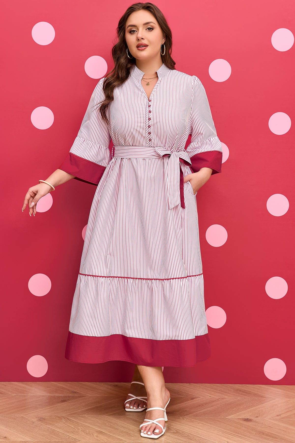 Red stripe plus size midi dress with ruffled hem and pinstripe pattern, made of polyester, by Dear-Lover.