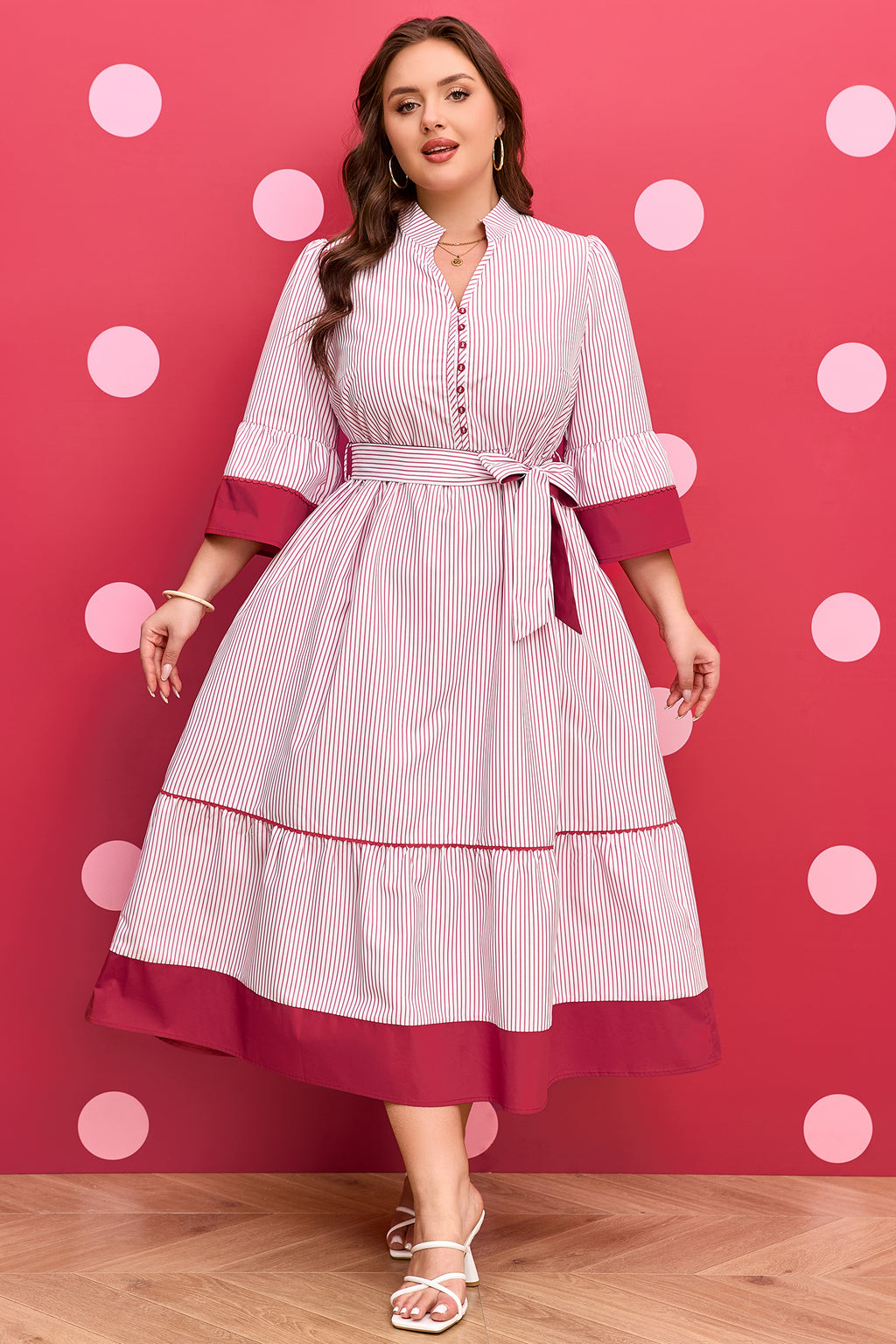 Red stripe plus size midi dress with ruffled hem and pinstripe design, made from polyester, by Dear-Lover.