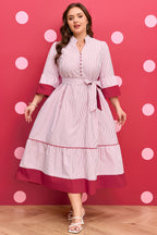 Red stripe plus size midi dress with ruffled hem and pinstripe design, made from polyester, by Dear-Lover.