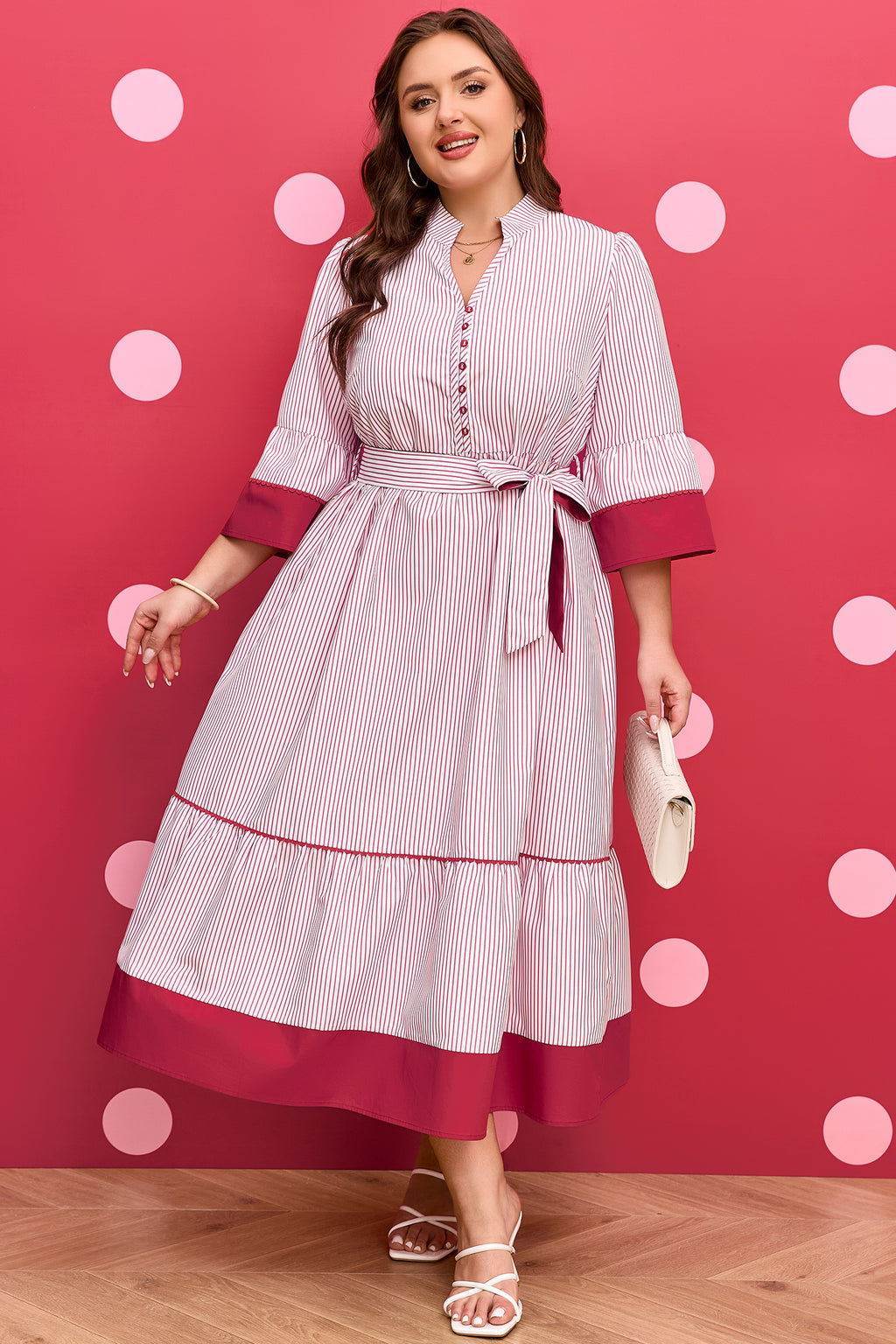Red stripe plus size midi dress with ruffled hem and pinstriped pattern, made from polyester, by Dear-Lover.