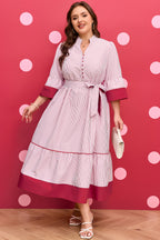 Red stripe plus size midi dress with ruffled hem and pinstriped pattern, made from polyester, by Dear-Lover.