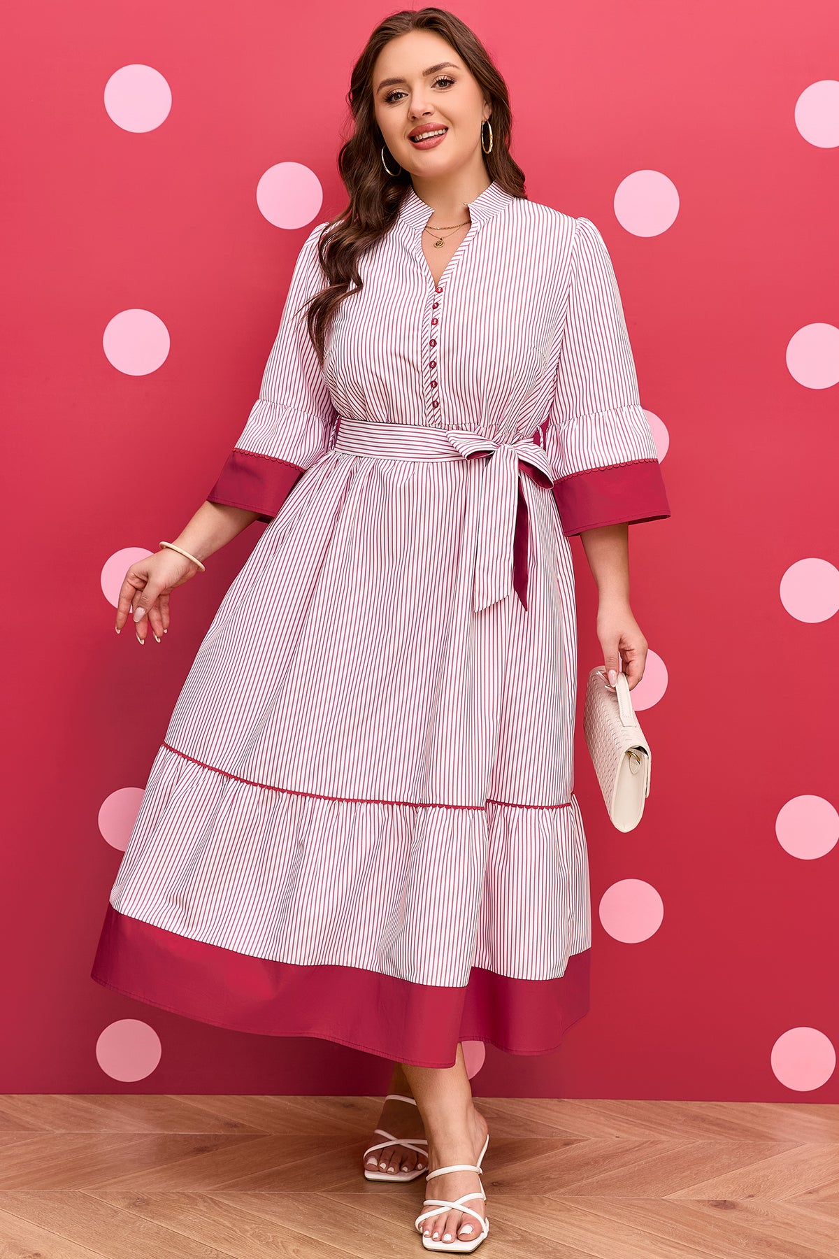 Red stripe plus size midi dress with ruffled hem and pinstriped pattern, made from polyester, by Dear-Lover.
