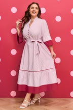 Red Stripe Plus Size Ruffled Hem Pinstriped Midi Dress by Dear-Lover, featuring a fitted waist and ruffled hem in polyester fabric.