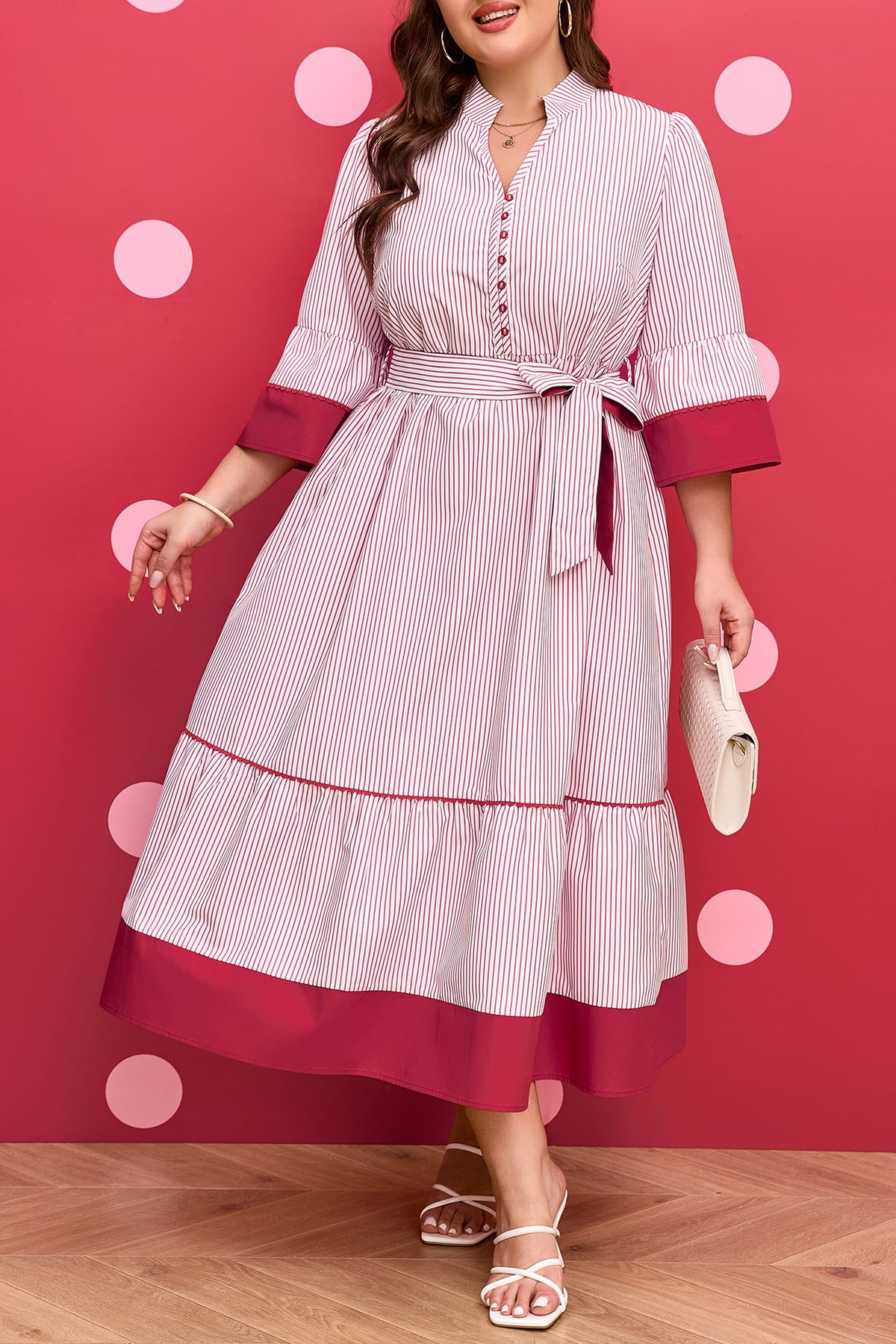 Red stripe plus size midi dress with ruffled hem and pinstripes, made of lightweight polyester, by Dear-Lover.