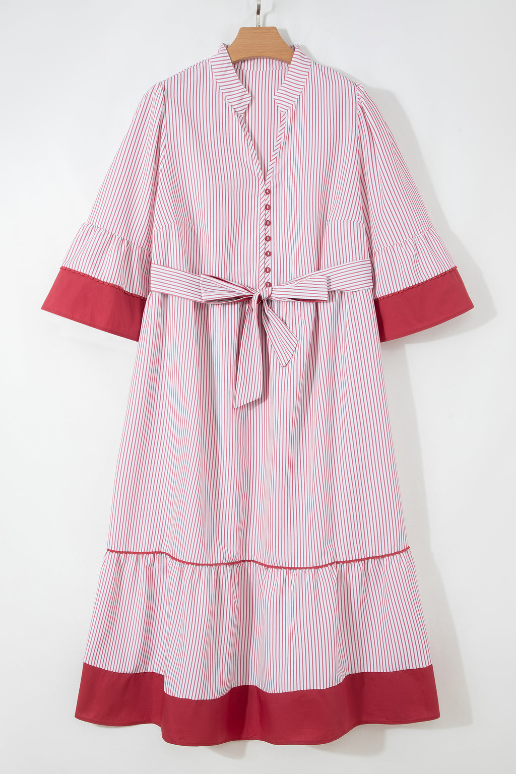 Red stripe plus size midi dress with ruffled hem and pinstripe pattern, made of polyester, from Dear-Lover.