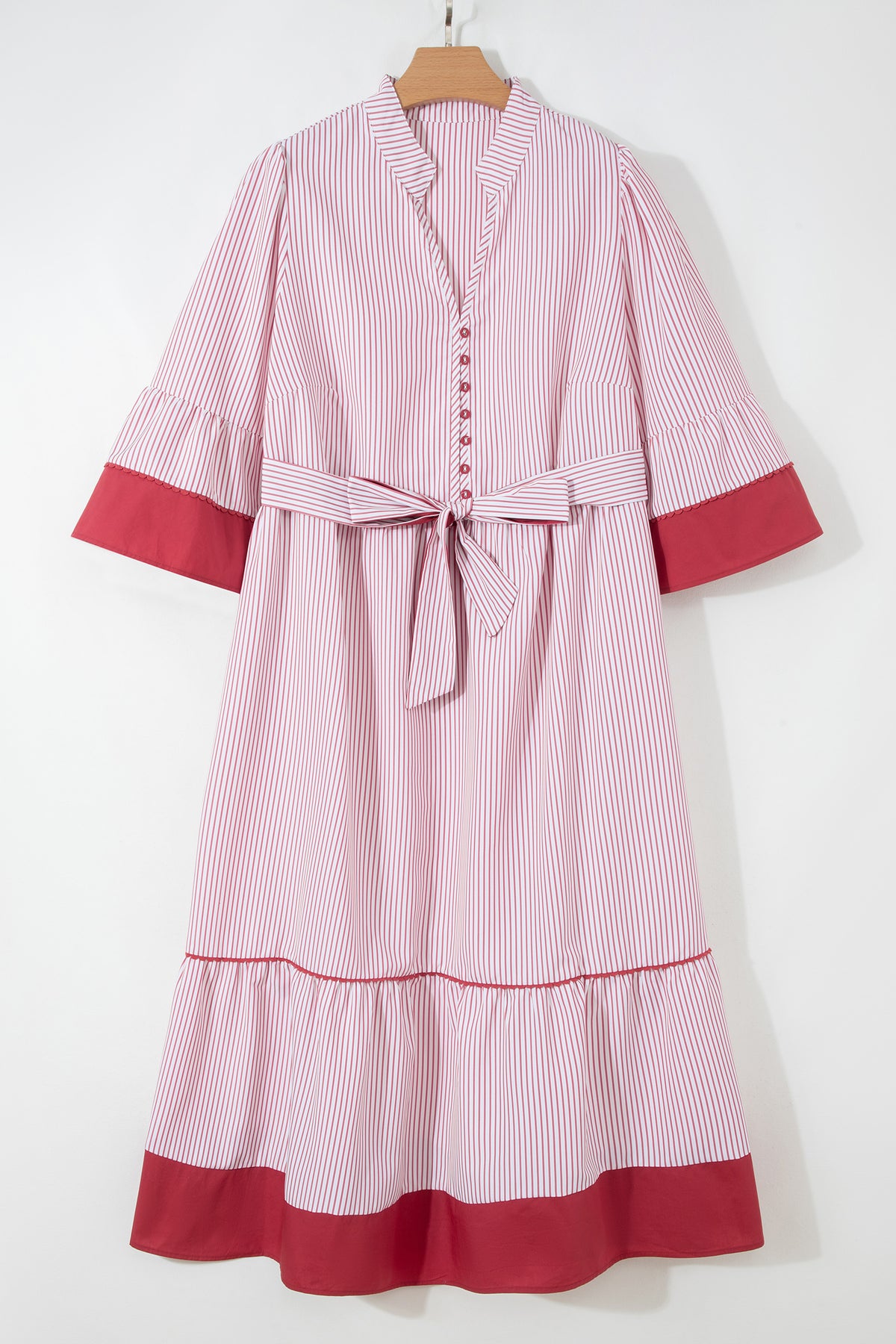 Red stripe plus size midi dress with ruffled hem and pinstripe pattern, made of polyester, from Dear-Lover.