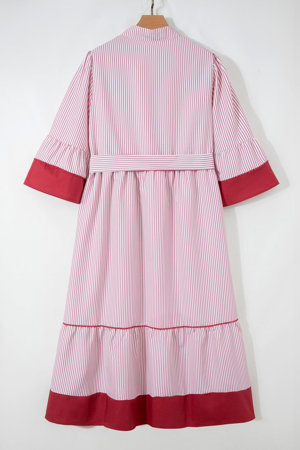 Red stripe plus size midi dress with ruffled hem and pinstripes, made of polyester, styled as a fashionable Dear-Lover dress.