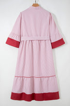 Red stripe plus size midi dress with ruffled hem and pinstripes, made of polyester, styled as a fashionable Dear-Lover dress.