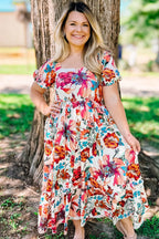 White floral plus size midi dress with square neckline, puff sleeves, and flowy fabric from Dear-Lover, perfect for plus size fashion.