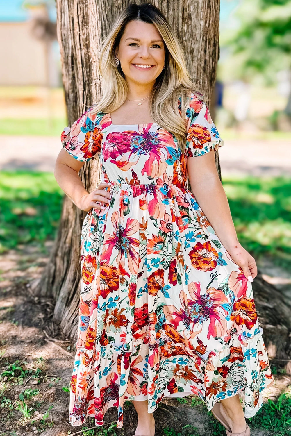 White floral plus size midi dress with square neckline, puff sleeves, and flowy fabric from Dear-Lover, perfect for plus size fashion.