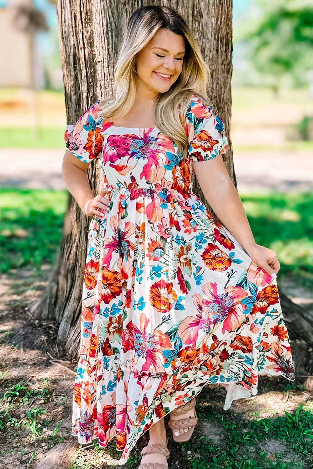 White floral plus size midi dress with square neckline, puff sleeves, and flowy fabric by Dear-Lover.