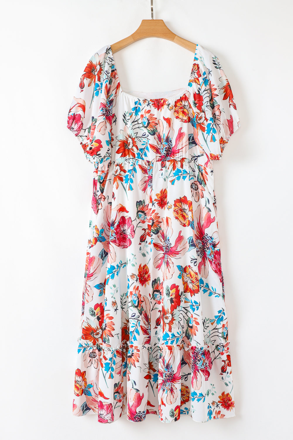 White floral plus size midi dress by Dear-Lover with square neckline, puff sleeves, flowy fit, made of polyester fabric.