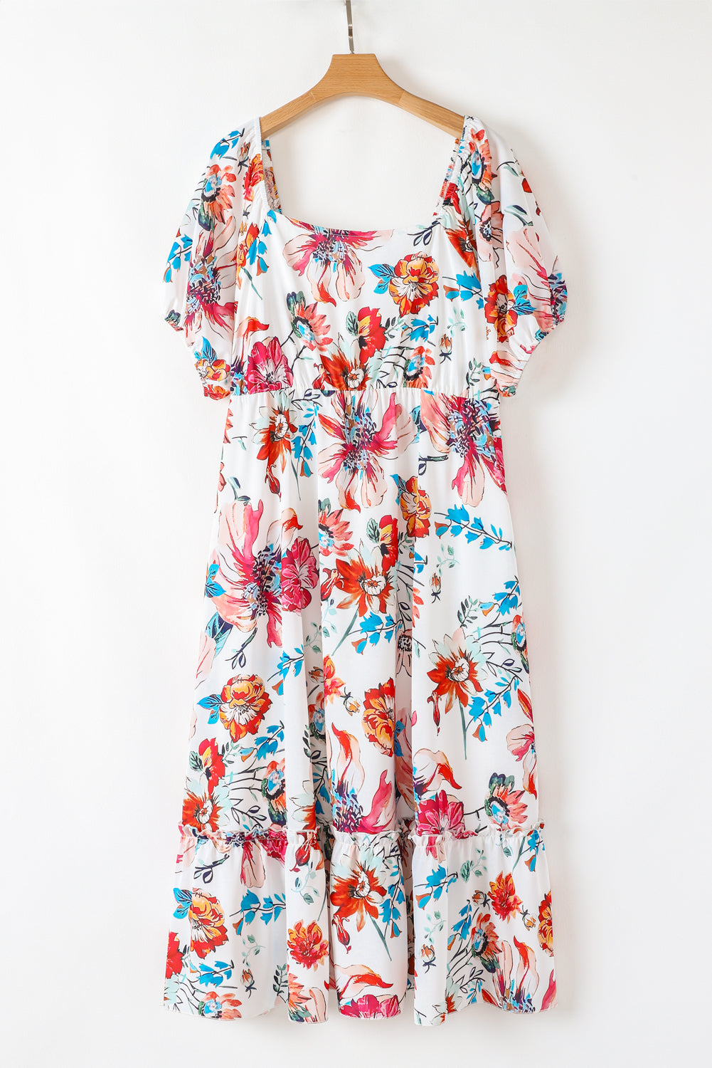 White floral plus size midi dress with square neck, puff sleeves, flowy silhouette, made by Dear-Lover.