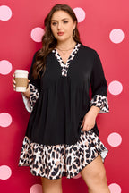 Black plus size mini dress with leopard patchwork, V-neck, 3/4 sleeves, and ruffle hem by Dear-Lover, made from polyester fabric.