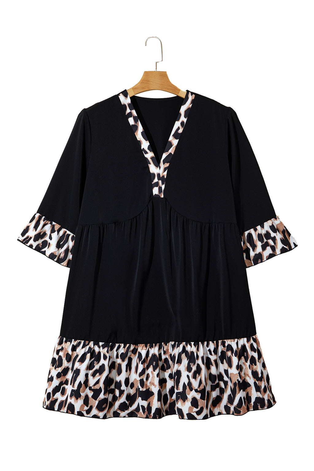 Black plus size leopard patchwork mini dress with V-neck, 3/4 sleeves, and ruffle hem by Dear-Lover, perfect for stylish plus size wear