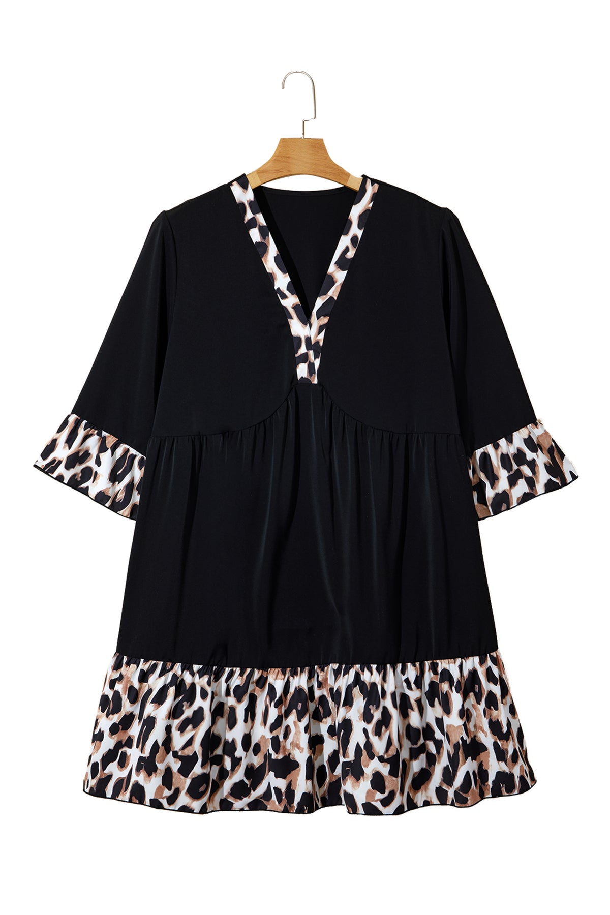 Black plus size leopard patchwork mini dress with V-neck, 3/4 sleeves, and ruffle hem by Dear-Lover, perfect for stylish plus size wear