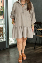 Khaki stripe zip-up mini dress with collared neckline, puff sleeves, and ruffled details, designed for plus size by Dear-Lover.